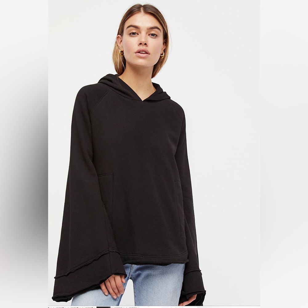 Free People Woke Up Like This Oversized Black Hooded Sweatshirt bell sleeves